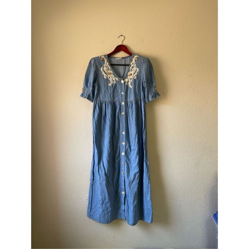 Vintage‎ denim embellished midi dress puff sleeve size small
